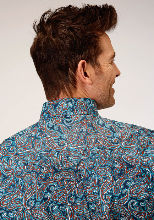 Roper Mens Blue 100% Cotton Canyon Paisley BD L/S 1 Pkt Shirt