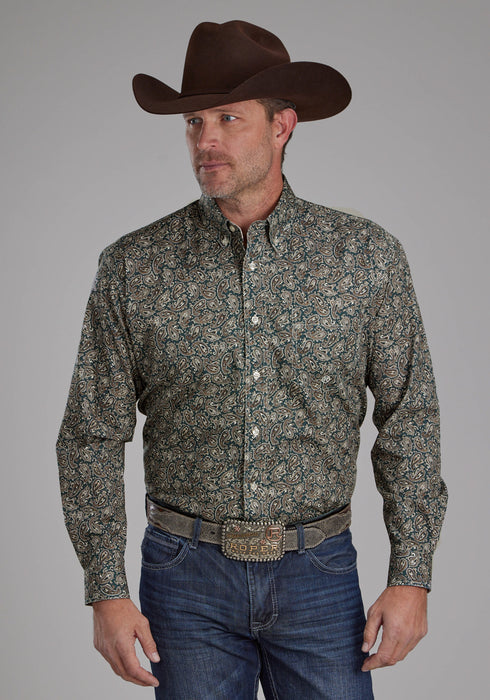 Roper Mens Oak Paisley Brown 100% Cotton 1 Pkt L/S Shirt