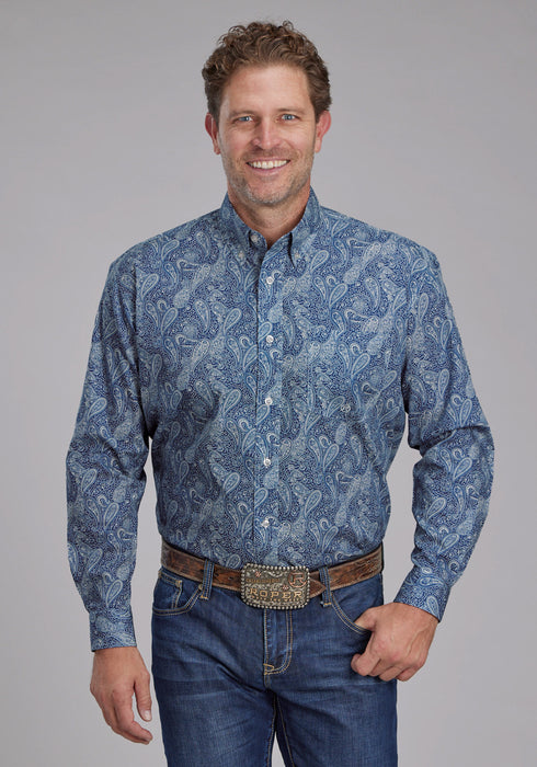 Roper Mens River Paisley Blue 100% Cotton 1 Pkt L/S Shirt