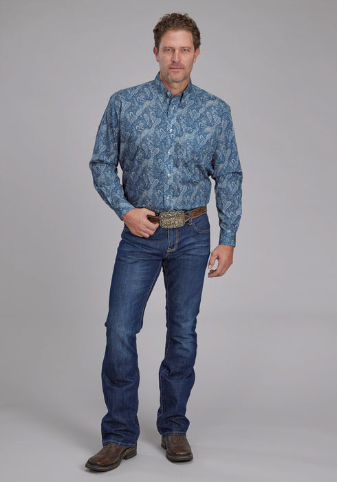 Roper Mens River Paisley Blue 100% Cotton 1 Pkt L/S Shirt