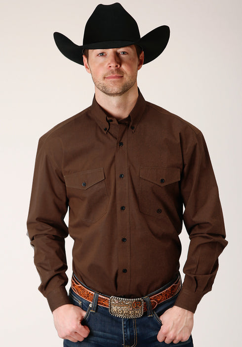 Roper Mens Brown 100% Cotton Black Fill BD L/S Btn Shirt