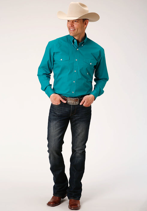 Roper Mens Turquoise Cotton Blend Poplin Stretch BD L/S Btn Shirt