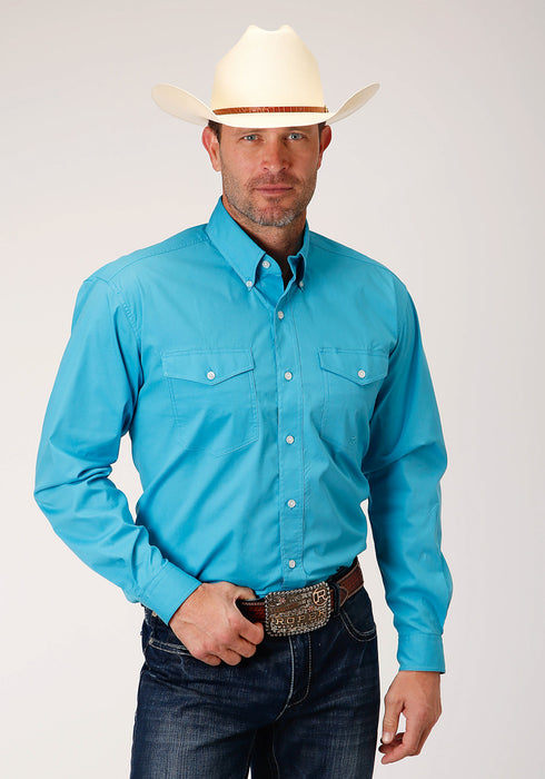 Roper Mens Turquoise Cotton Blend Stretch Poplin BD L/S Btn Shirt