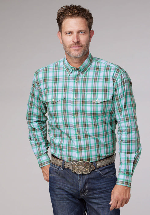 Roper Mens Cold Springs Plaid Green 100% Cotton 2 Pkts L/S Shirt