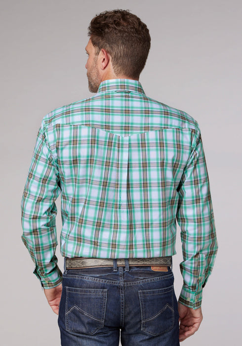 Roper Mens Cold Springs Plaid Green 100% Cotton 2 Pkts L/S Shirt