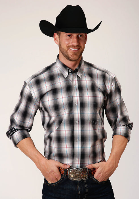 Roper Mens Black 100% Cotton Hills Plaid BD L/S 1 Pkt Shirt