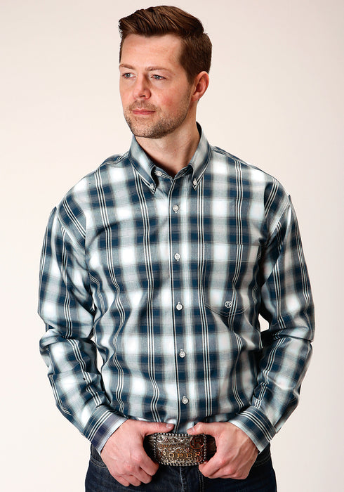 Roper Mens Blue 100% Cotton West Plaid BD L/S 1 Pkt Shirt