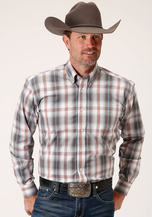 Roper Mens Grey 100% Cotton Smokey Plaid BD L/S 1 Pkt Shirt