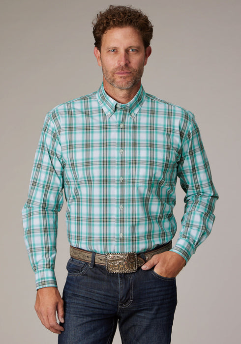 Roper Mens Cold Springs Plaid Green 100% Cotton 1 Pkt L/S Shirt