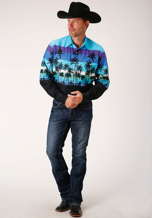 Roper Mens Blue 100% Cotton Beach Roundup L/S Snap Shirt