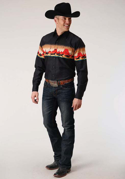 Roper Mens Black 100% Cotton Red Mesa Border L/S Snap Shirt