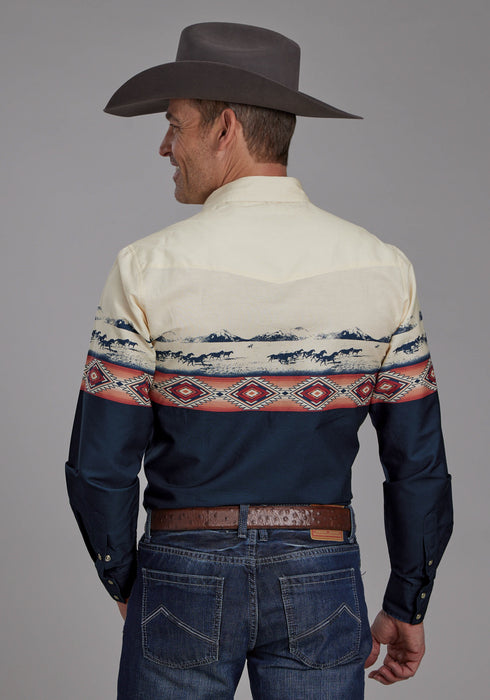 Roper Mens Open Range Border Blue/White 100% Cotton L/S Shirt