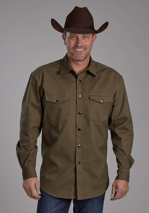 Roper Mens Brushed Twill Olive 100% Cotton L/S Shirt