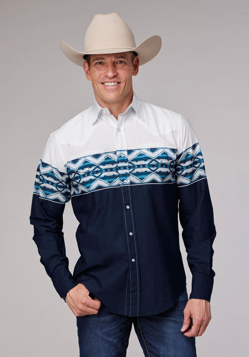 Roper Mens 1994 Aztec Border Blue 100% Cotton L/S Shirt