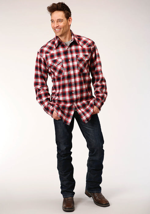 Roper Mens Red/White 100% Cotton Unlined Flannel Plaid L/S Shirt