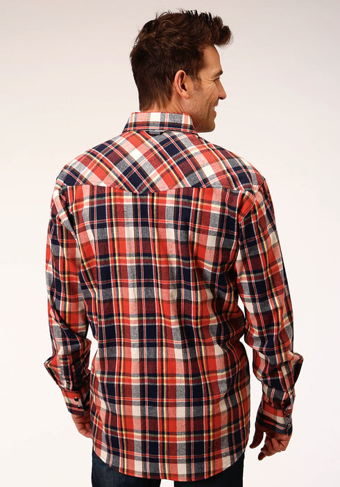 Roper Mens Orange/Navy 100% Cotton Unlined Flannel Plaid L/S Shirt