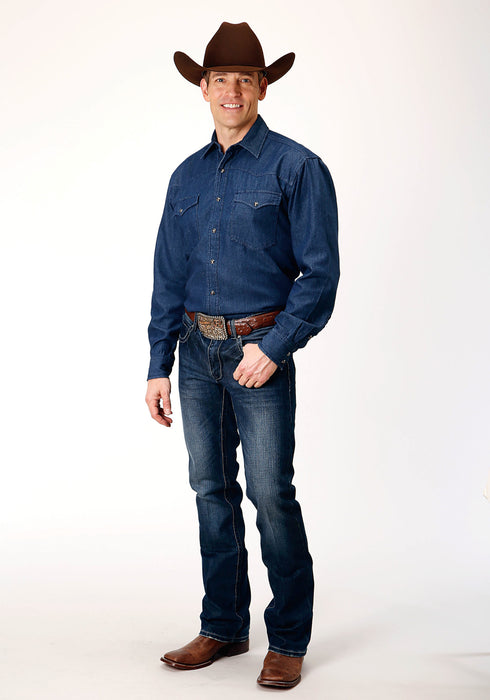 Roper Mens Dark Blue 100% Cotton Denim BD L/S Western Shirt