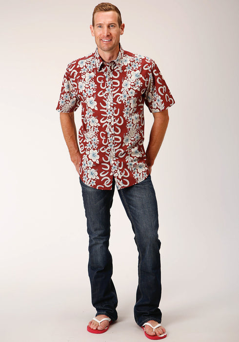 Roper Mens Red 100% Cotton Hawaiian Horseshoes S/S Shirt