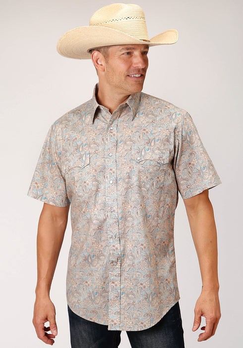 Roper Mens Dot Paisley Print Brown 100% Cotton S/S Shirt