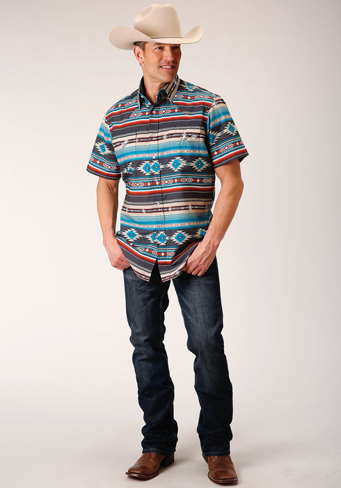 Roper Mens Blue 100% Cotton Aztec Blanket Print S/S Shirt