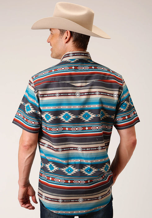 Roper Mens Blue 100% Cotton Aztec Blanket Print S/S Shirt