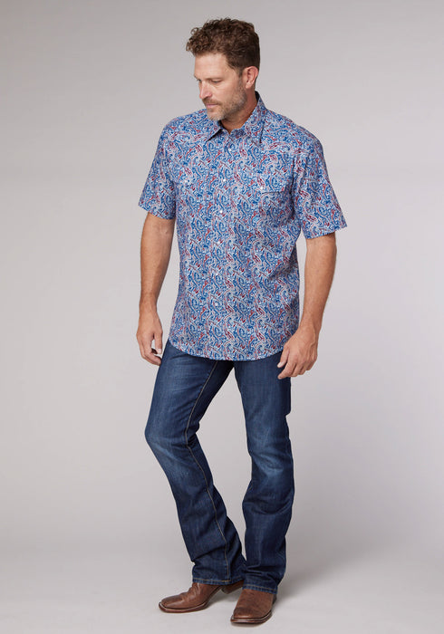 Roper Mens 2024 River Paisley Blue 100% Cotton S/S Shirt