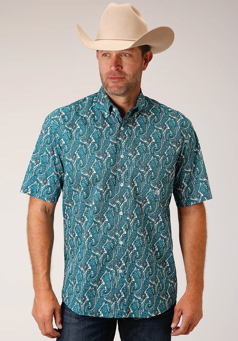 Roper Mens Turquoise 100% Cotton Upstream Paisley BD S/S 1 Pkt Shirt