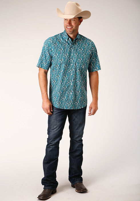 Roper Mens Turquoise 100% Cotton Upstream Paisley BD S/S 1 Pkt Shirt