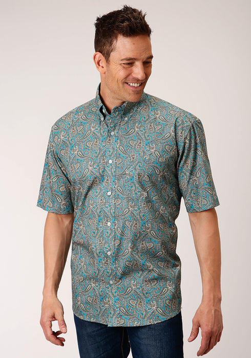 Roper Mens Blue 100% Cotton Saddle Paisley BD S/S 1 Pkt Shirt