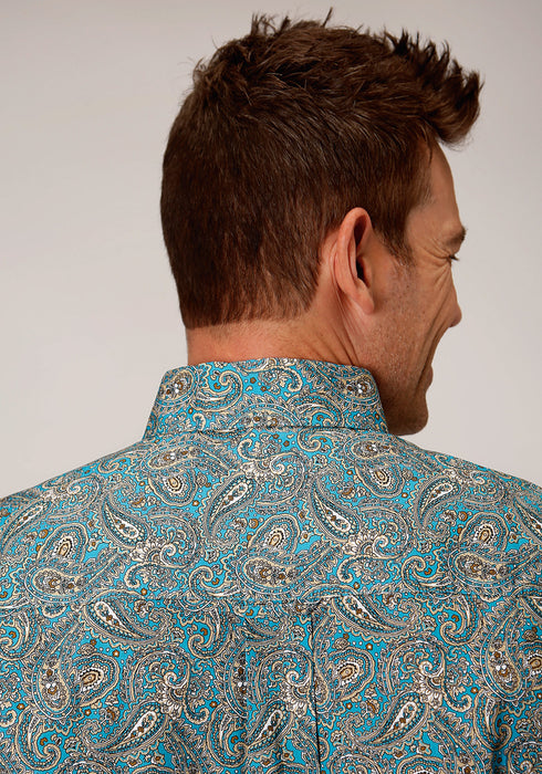 Roper Mens Blue 100% Cotton Saddle Paisley BD S/S 1 Pkt Shirt