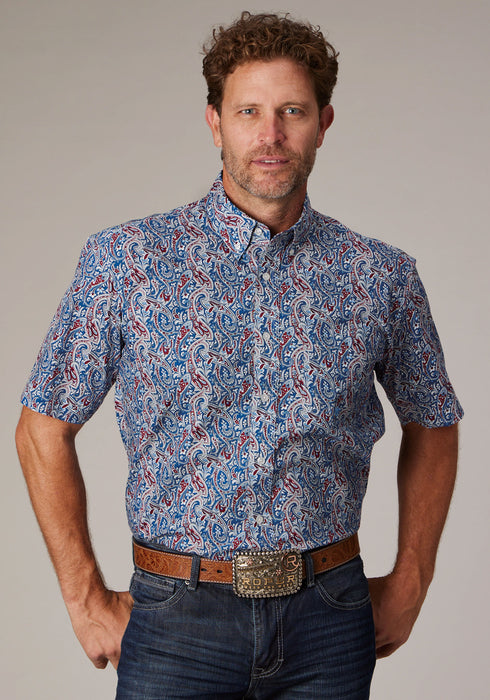 Roper Mens 2024 River Paisley Blue 100% Cotton 1 Pkt S/S Shirt