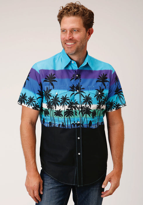 Roper Mens Blue 100% Cotton Beach Roundup S/S 2 Pkt Shirt