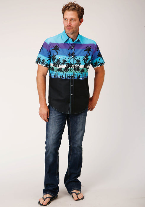 Roper Mens Blue 100% Cotton Beach Roundup S/S 2 Pkt Shirt