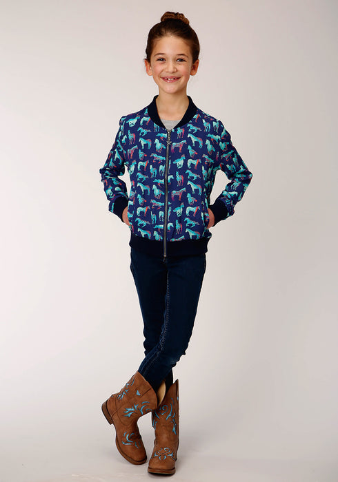 Roper Girls Blue Rayon/Nylon Wild Horse Bomber Jacket