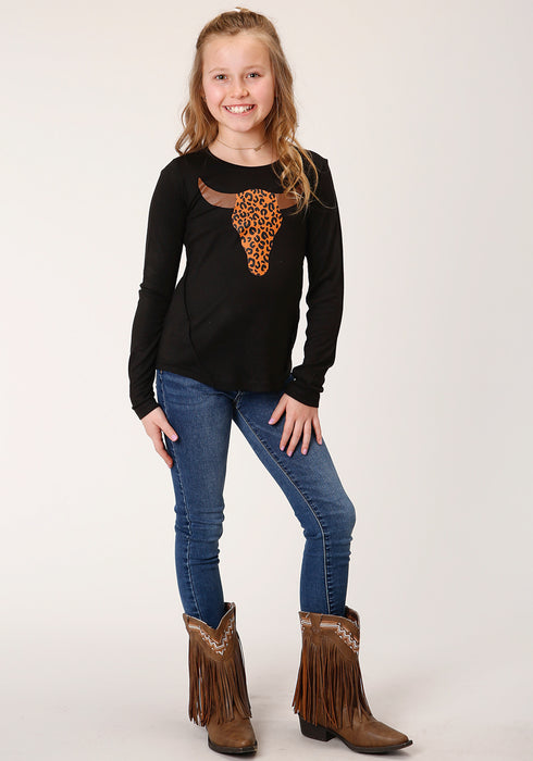 Roper Girls Kids Black Poly/Rayon Leopard Print L/S T-Shirt