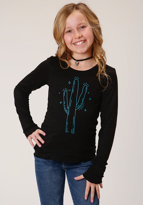 Roper Girls Kids Black Poly/Rayon Blue Cactus L/S T-Shirt