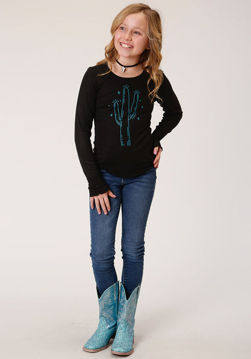 Roper Girls Kids Black Poly/Rayon Blue Cactus L/S T-Shirt