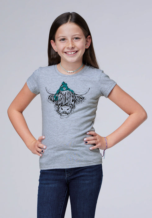 Roper Kids Girls Shaggy Cow Grey Cotton Blend S/S T-Shirt