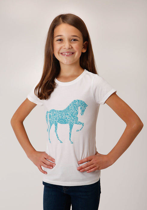 Roper Girls Optic White Poly/Rayon Blue Horse S/S T-Shirt