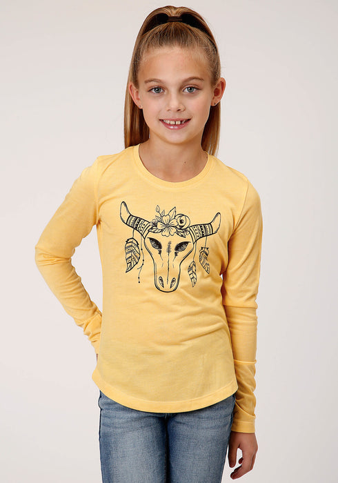 Roper Girls Kids Yellow Poly/Rayon Black Longhorn L/S T-Shirt