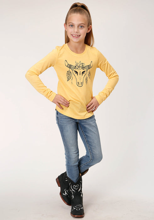 Roper Girls Kids Yellow Poly/Rayon Black Longhorn L/S T-Shirt