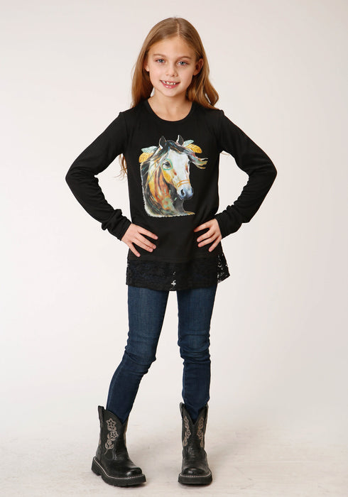 Roper Girls Black Poly/Rayon Horse Head L/S T-Shirt