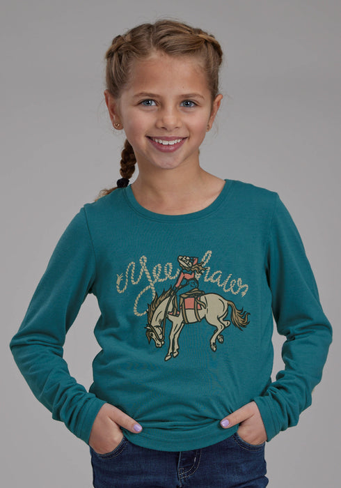 Roper Kids Girls Yee Haw Teal Poly/Rayon L/S T-Shirt