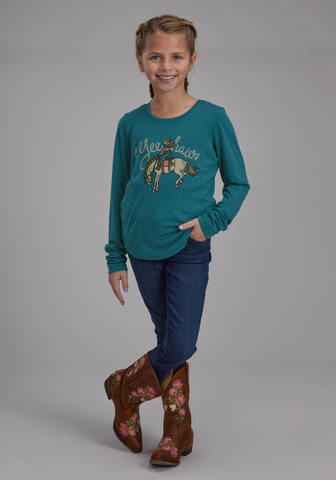 Roper Kids Girls Yee Haw Teal Poly/Rayon L/S T-Shirt