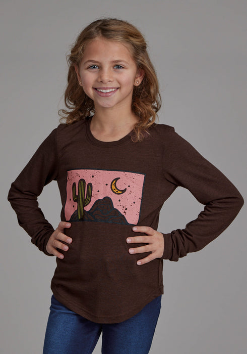 Roper Kids Girls Cactus Moon Brown Poly/Rayon L/S T-Shirt