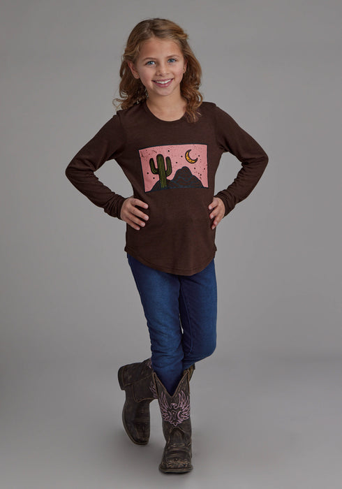 Roper Kids Girls Cactus Moon Brown Poly/Rayon L/S T-Shirt