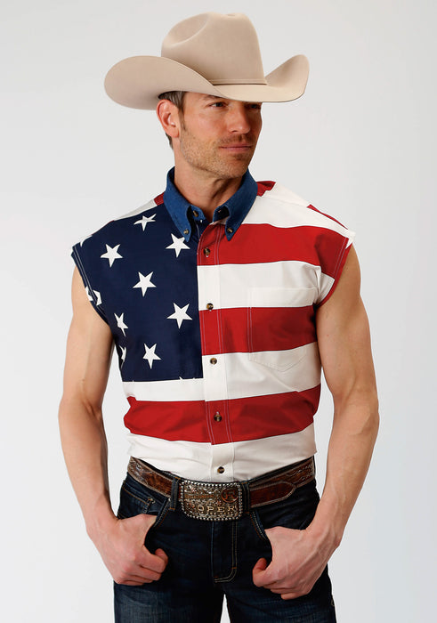 Roper Mens Multi-Color 100% Cotton American Flag BD S/L Patriotic Shirt