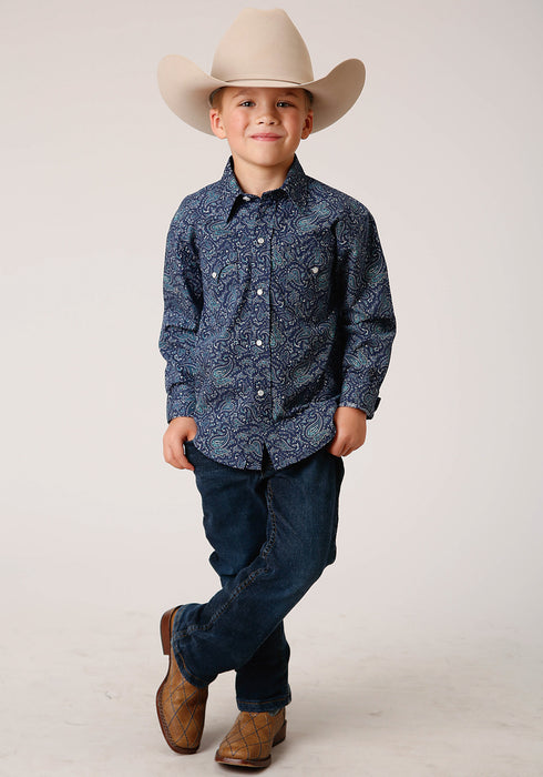 Roper Boys Kids Blue 100% Cotton Vintage Paisley L/S Shirt