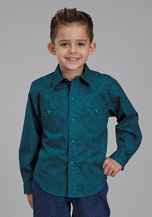 Roper Kids Boys Tonal Paisley Green 100% Cotton L/S Shirt