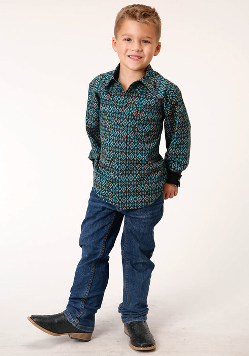 Roper Boys Kids Black/Green 100% Cotton Diamond Aztec L/S Shirt